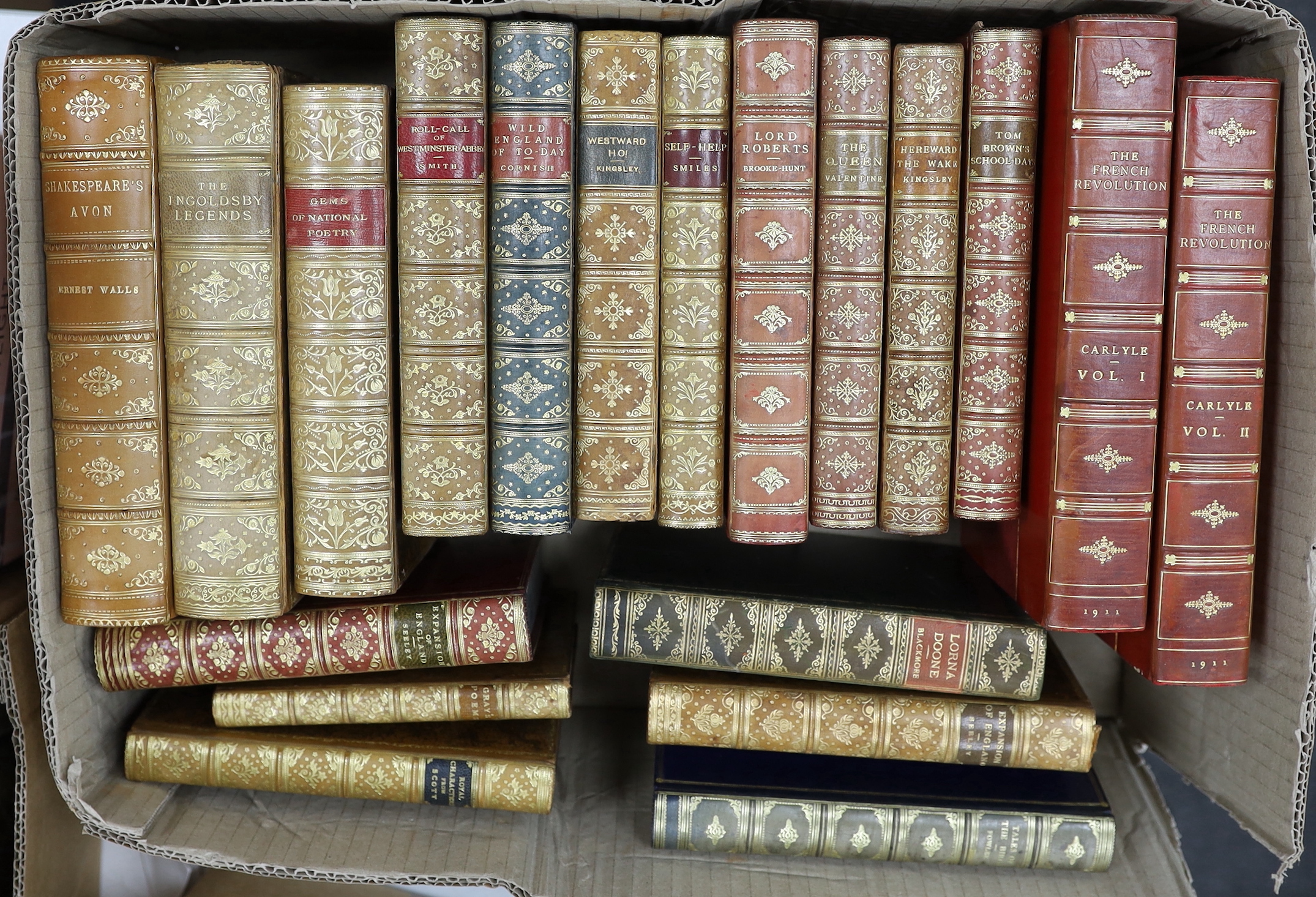 Calf bindings - 19 vols, some prize bindings with gilt armorials, mostly cr. 8vo. later 19th / earlier 20th century (19)